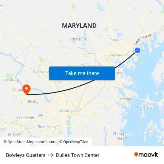 Bowleys Quarters to Dulles Town Center map