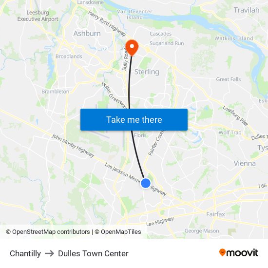 Chantilly to Dulles Town Center map