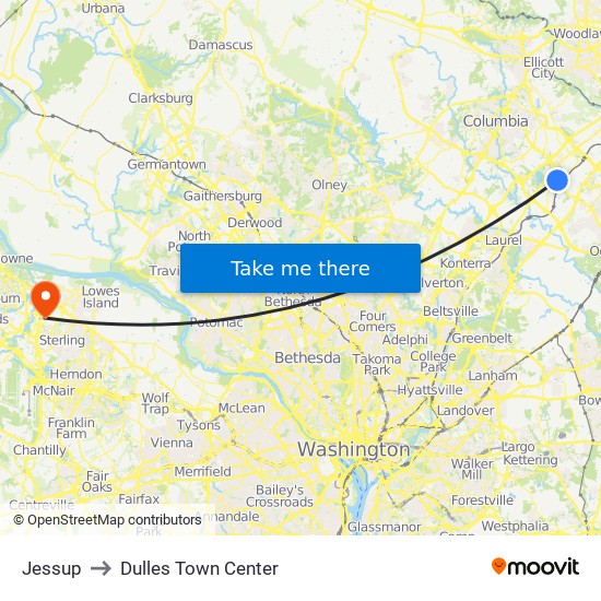 Jessup to Dulles Town Center map