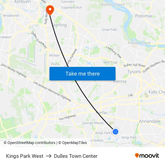 Kings Park West to Dulles Town Center map