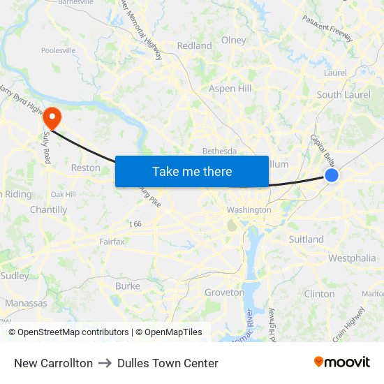 New Carrollton to Dulles Town Center map