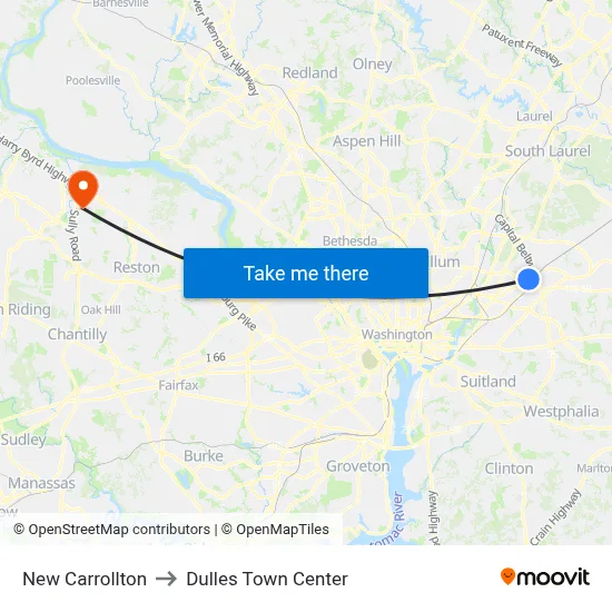 New Carrollton to Dulles Town Center map