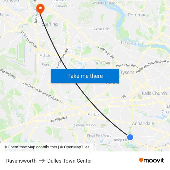 Ravensworth to Dulles Town Center map