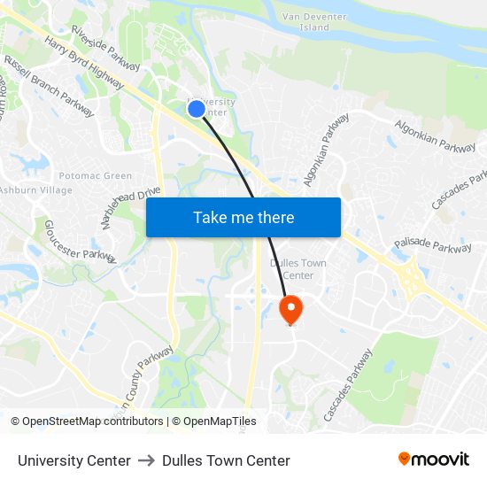 University Center to Dulles Town Center map