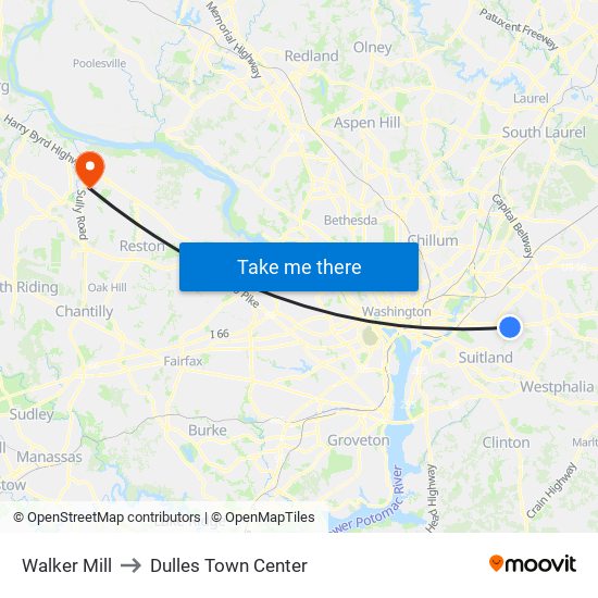 Walker Mill to Dulles Town Center map