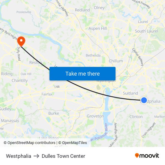 Westphalia to Dulles Town Center map