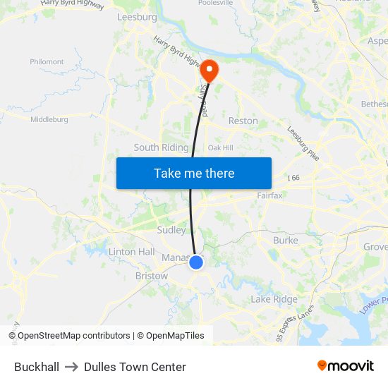 Buckhall to Dulles Town Center map