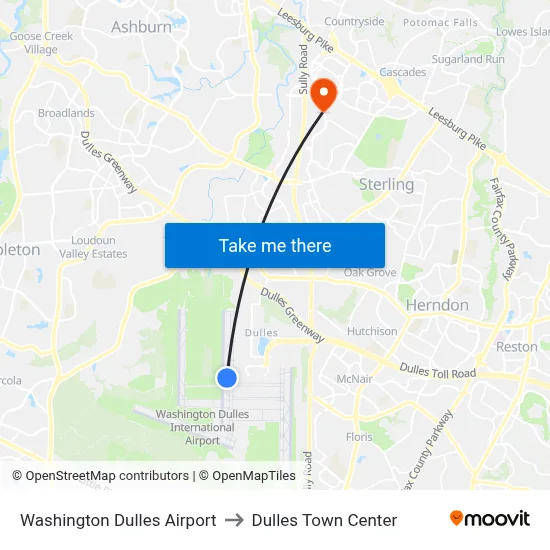 Washington Dulles Airport to Dulles Town Center map