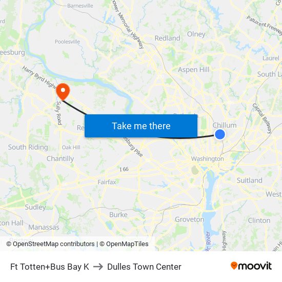 Ft Totten+Bus Bay K to Dulles Town Center map