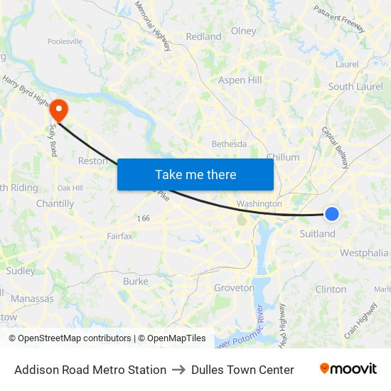 Addison Road Metro Station to Dulles Town Center map