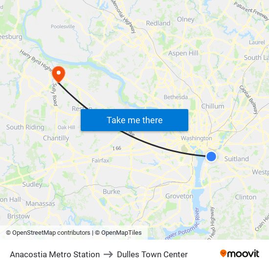 Anacostia Metro Station to Dulles Town Center map