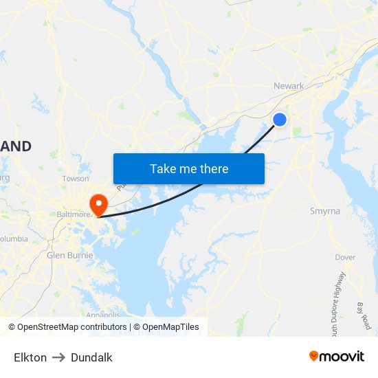 Elkton to Dundalk map