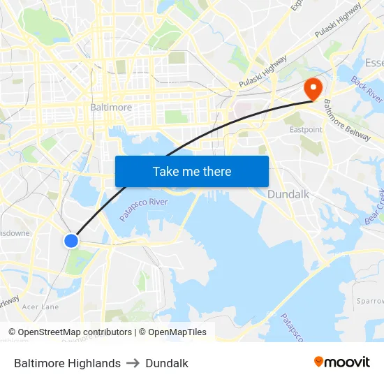 Baltimore Highlands to Dundalk map