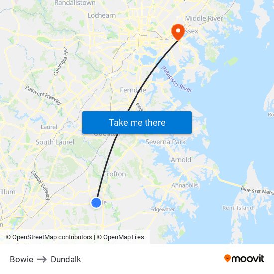 Bowie to Dundalk map