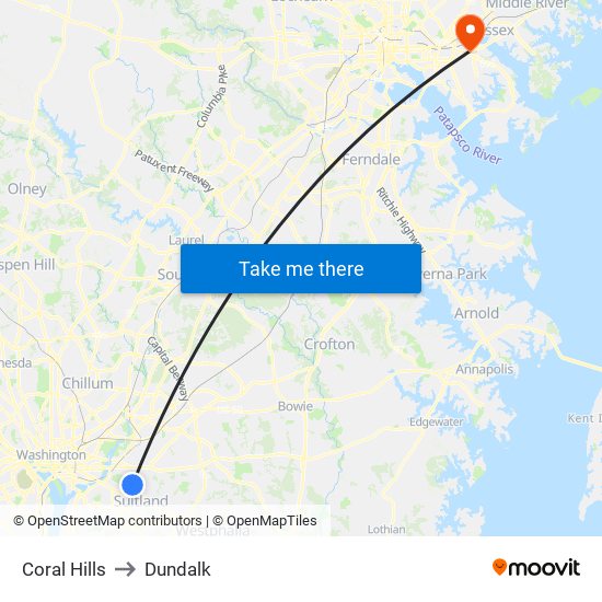 Coral Hills to Dundalk map