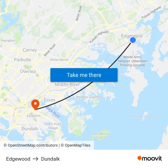 Edgewood to Dundalk map