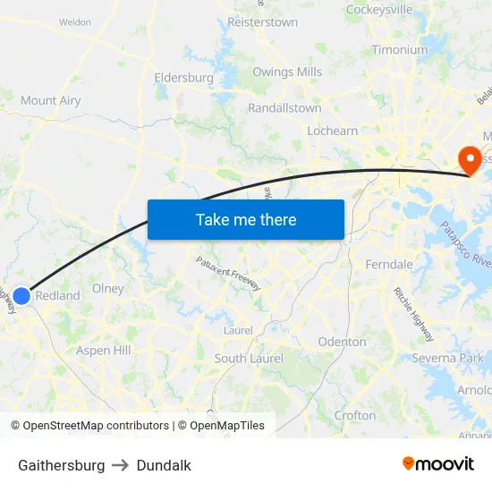 Gaithersburg to Dundalk map