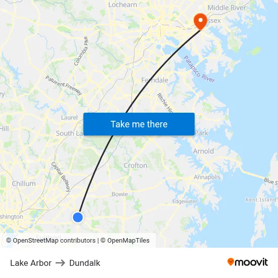 Lake Arbor to Dundalk map