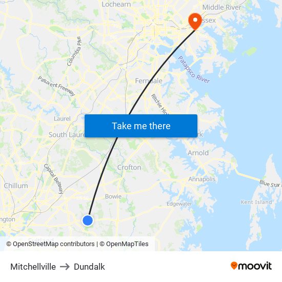 Mitchellville to Dundalk map