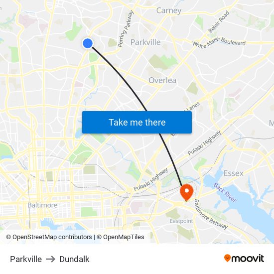 Parkville to Dundalk map