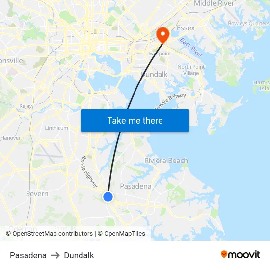 Pasadena to Dundalk map