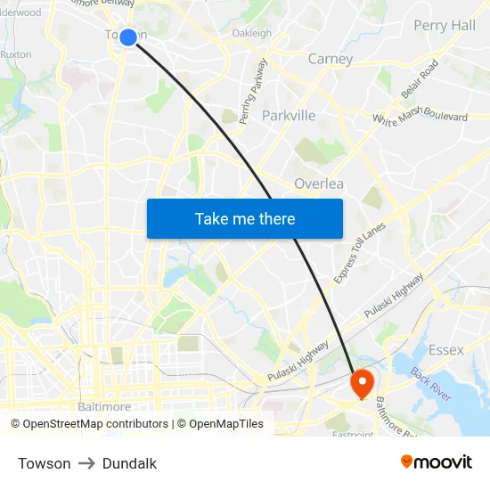 Towson to Dundalk map