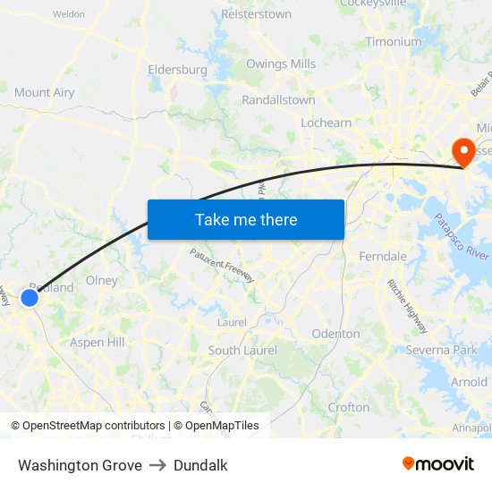 Washington Grove to Dundalk map