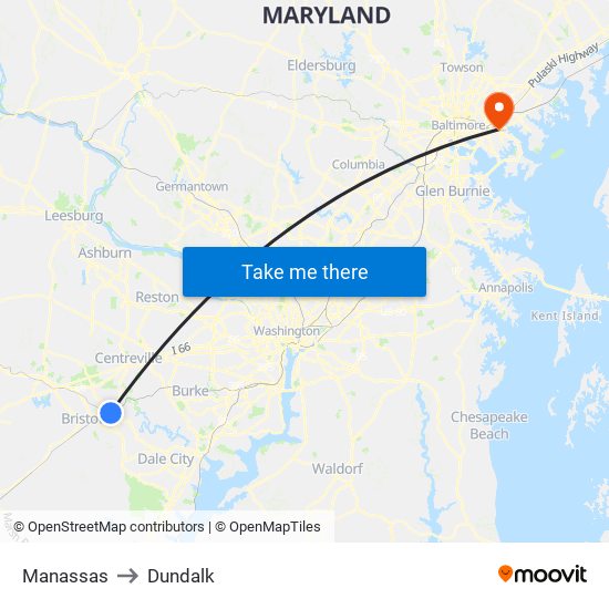 Manassas to Dundalk map