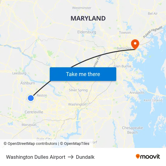 Washington Dulles Airport to Dundalk map