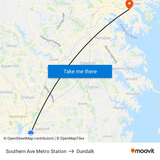 Southern Ave Metro Station to Dundalk map