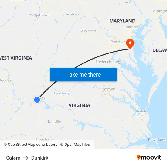 Salem to Dunkirk map