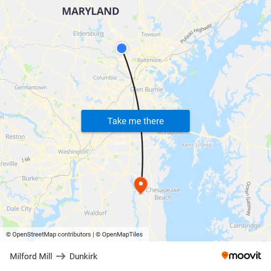 Milford Mill to Dunkirk map
