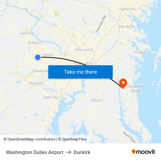 Washington Dulles Airport to Dunkirk map