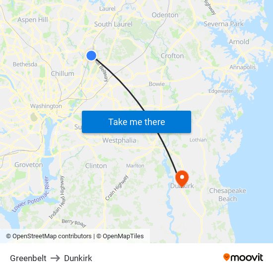 Greenbelt to Dunkirk map