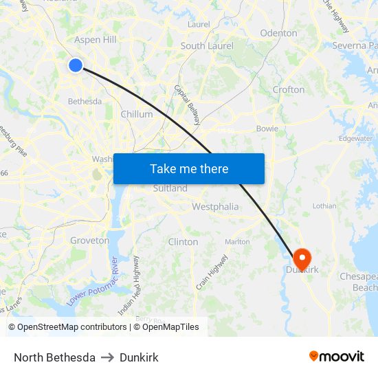 North Bethesda to Dunkirk map