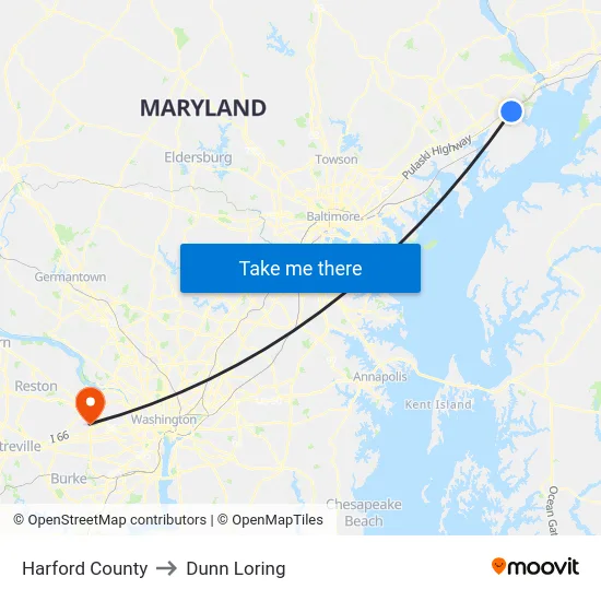 Harford County to Dunn Loring map