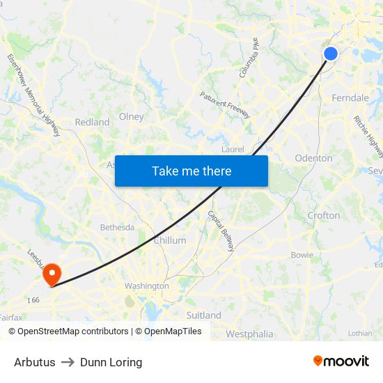 Arbutus to Dunn Loring map