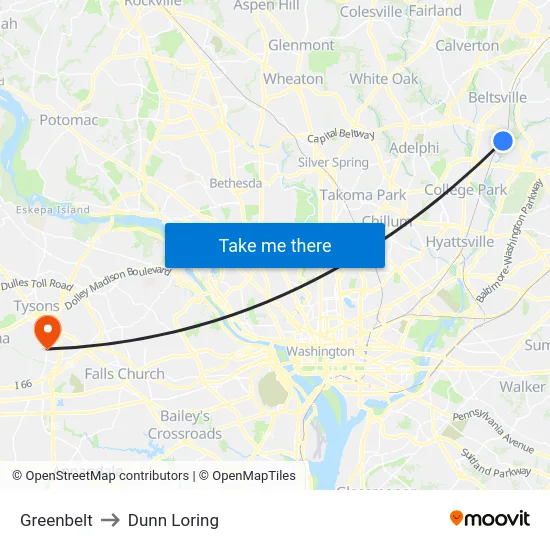 Greenbelt to Dunn Loring map
