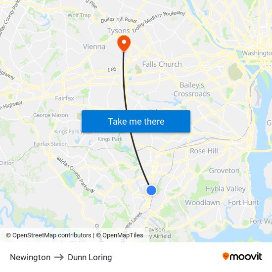 Newington to Dunn Loring map