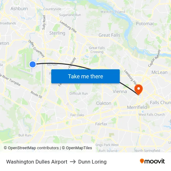 Washington Dulles Airport to Dunn Loring map