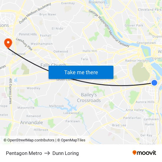 Pentagon Metro to Dunn Loring map