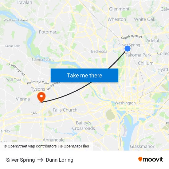 Silver Spring to Dunn Loring map