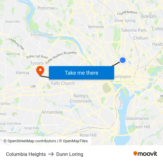 Columbia Heights to Dunn Loring map