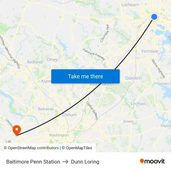 Baltimore Penn Station to Dunn Loring map