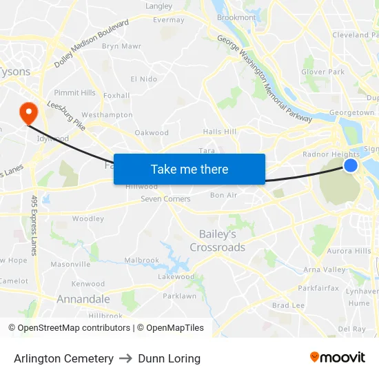Arlington Cemetery to Dunn Loring map