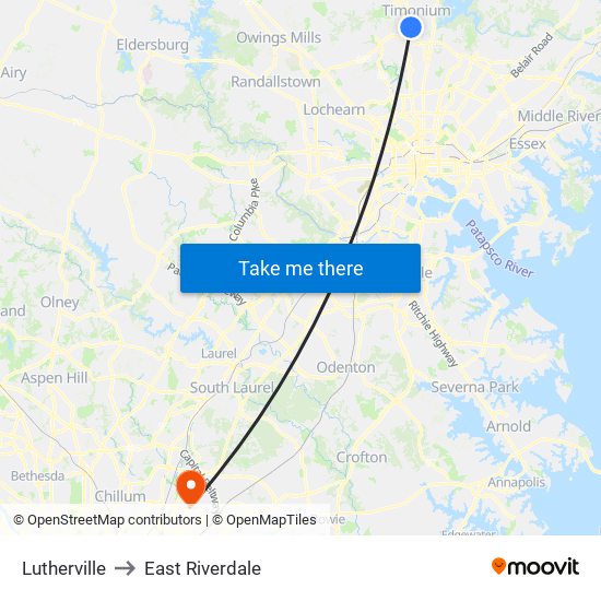 Lutherville to East Riverdale map