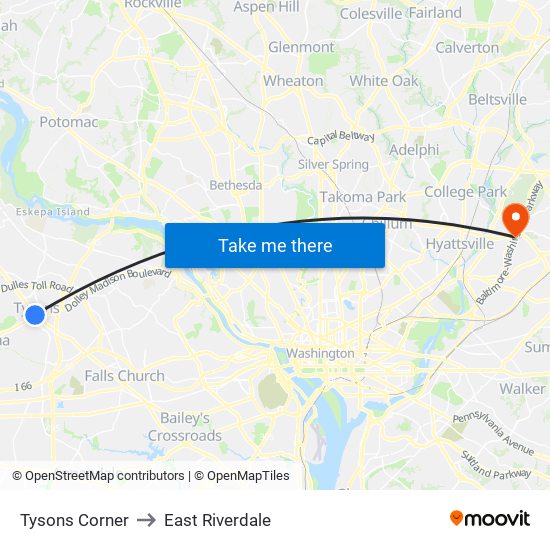 Tysons Corner to East Riverdale map