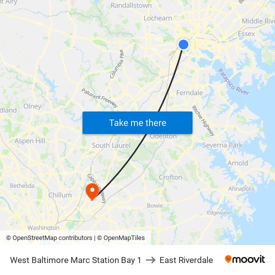 West Baltimore Marc Station Bay 1 to East Riverdale map