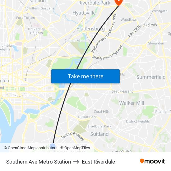 Southern Ave Metro Station to East Riverdale map