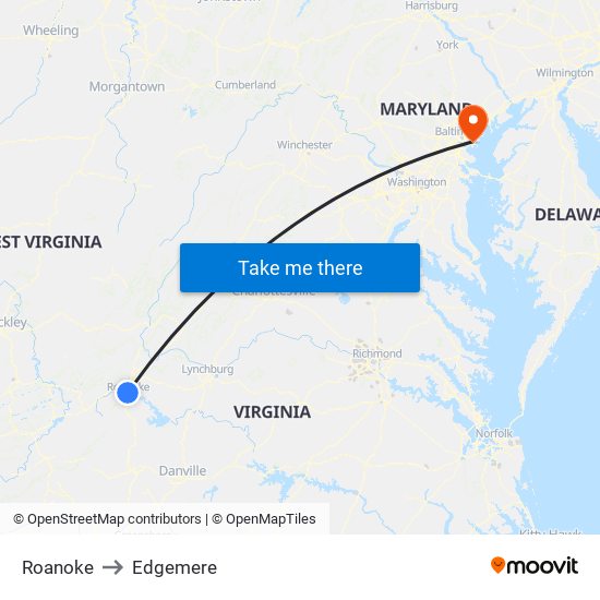 Roanoke to Edgemere map